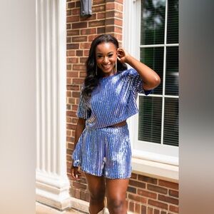 NWT Buddy Love Medium Laura Royal Blue Sequin Set Croppd Top Shorts Party